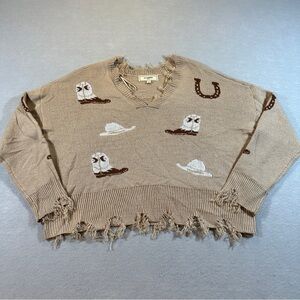 No Comment Women’s Tan Western Pullover Sweater Size M Cowboy Chic Raw Hem Ranch